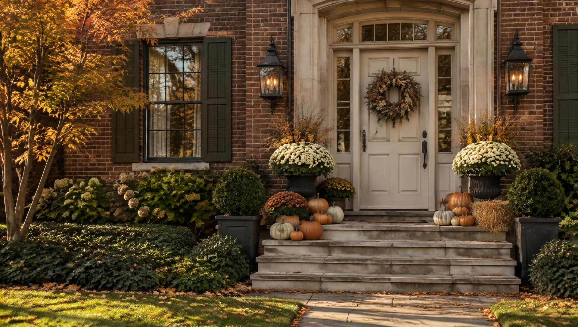 A brick home porch elegantly styled with heirloom pumpkins, autumn mums, greenery, and lanterns