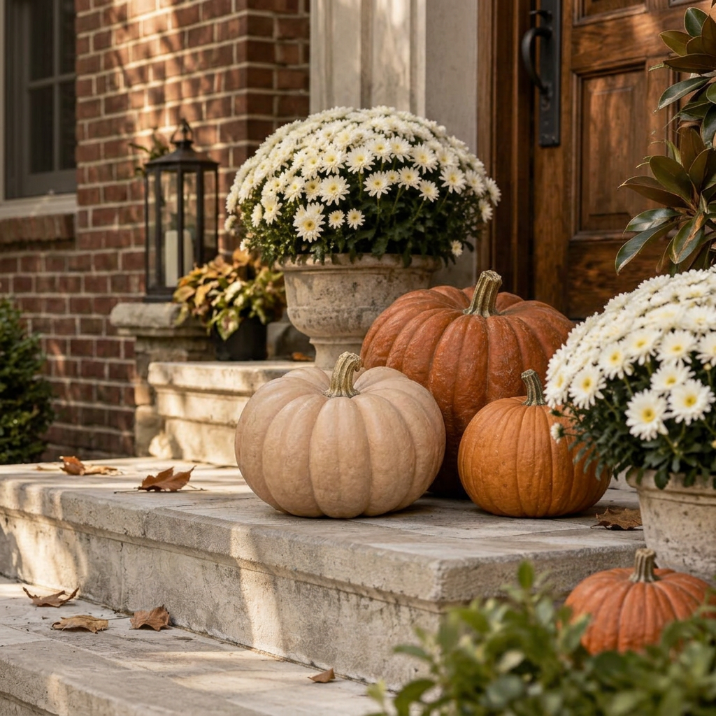 Heirloom pumpkins and white mums arranged on a porch's stone steps beside a lantern and a brick home